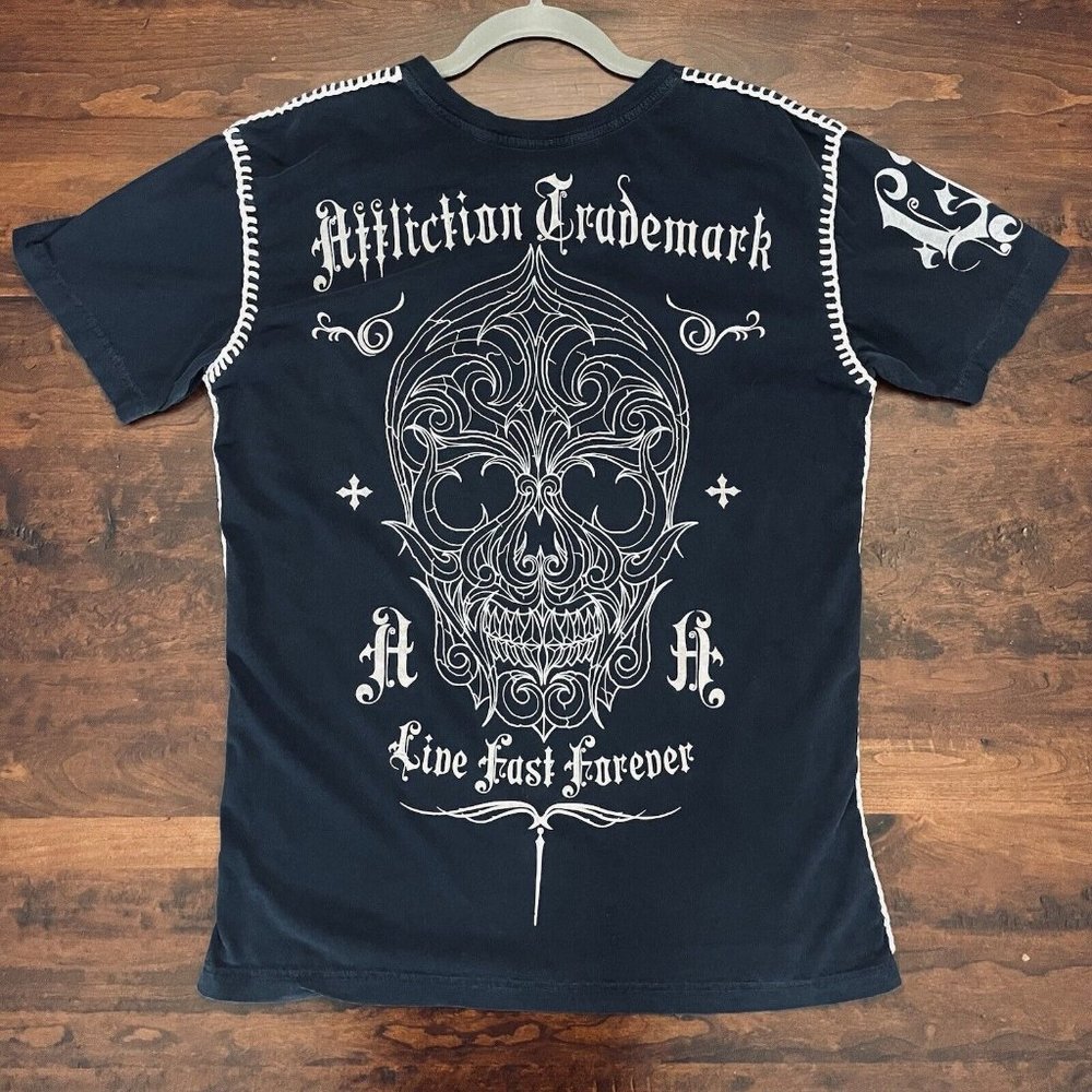 Affliction Chaos Trademark Live Fast T Shirt Gothic Skull Thick Stitch 2 Sided L